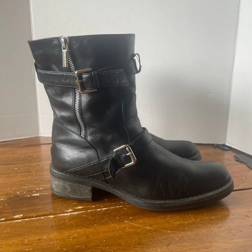 Aquatalia Women's Black Leather Buckles Combat Biker Moto Boots Italy Size 10 - Picture 1 of 8